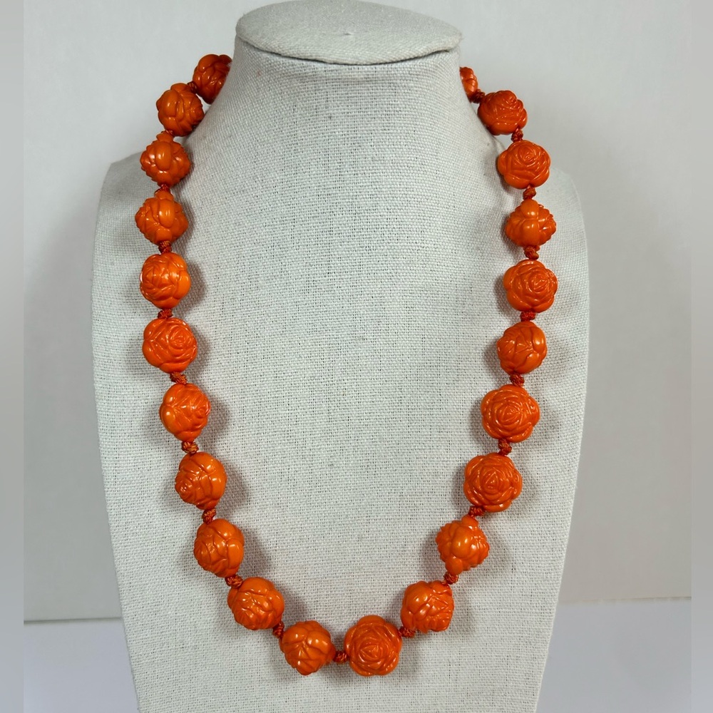 Molded Celluloid Rose Flower Beads Hand-Knotted Necklace Adjustable - Picture 2 of 4